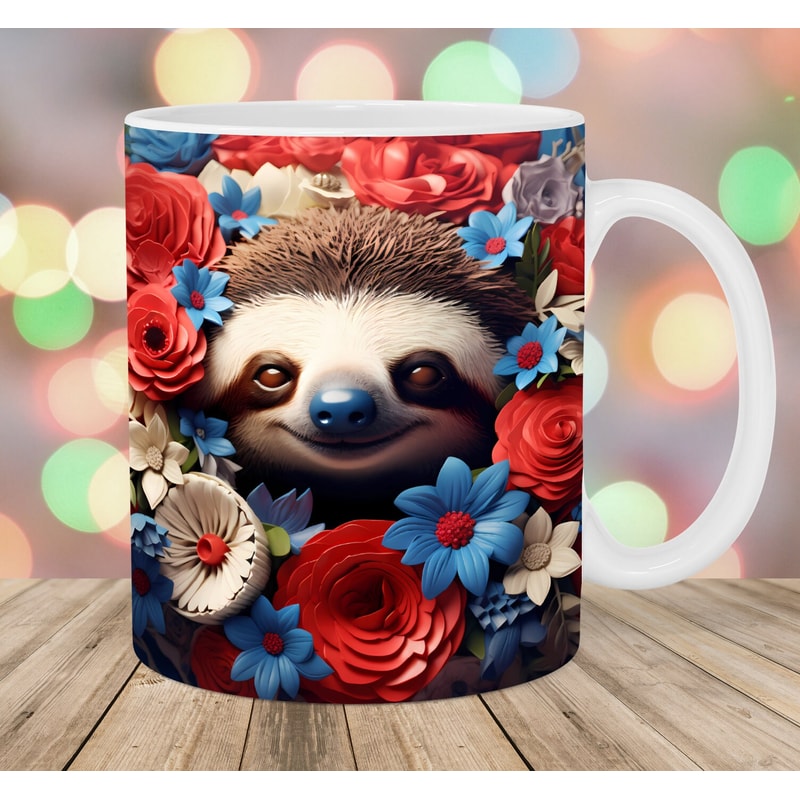 3D Sloth Red Blue White Flowers Mug Wrap, 11oz & 15oz Mug Template, Mug Sublimation Design, Mug Wrap Template, Instant Digital Download PNG.jpg