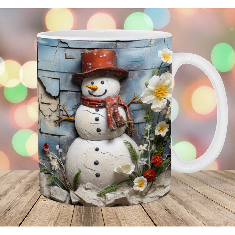 3D Snowman Mug Wrap, 11oz And 15oz Mug Template, Vintage Mug Sublimation Design, Flower Mug Template, Instant Digital Download PNG.jpg
