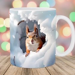 3d squirrel in snow mug, 11oz and 15oz mug, mug design