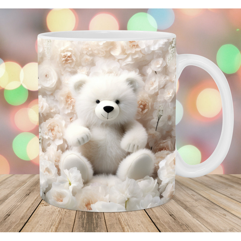 3D Teddy Bear Mug Wrap, 11oz & 15oz Mug Template, Mug Sublimation Design, White Flowers Mug Wrap Template, Instant Digital Download PNG.jpg