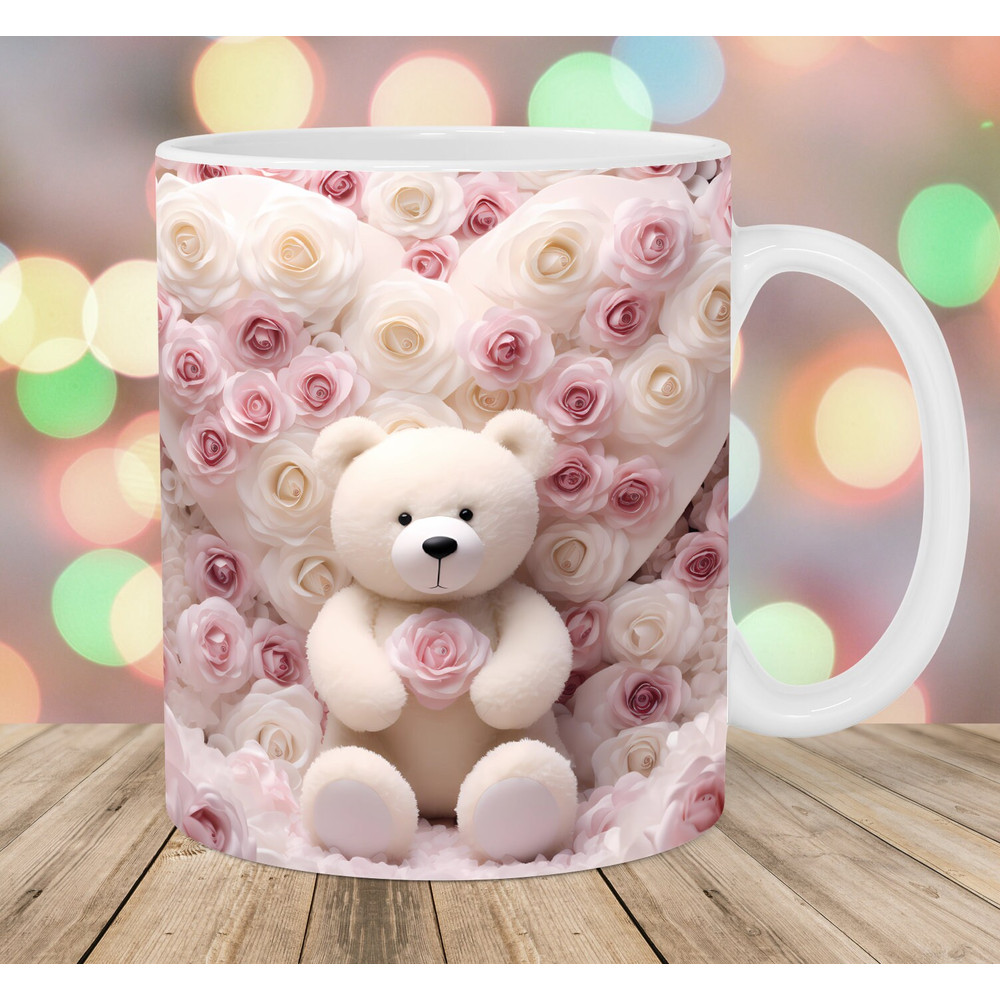 3D Teddy Bear Mug Wrap, 11oz And 15oz Mug Template, Pink Roses Mug Sublimation Design, Mug Wrap Template, Instant Digital Download PNG.jpg