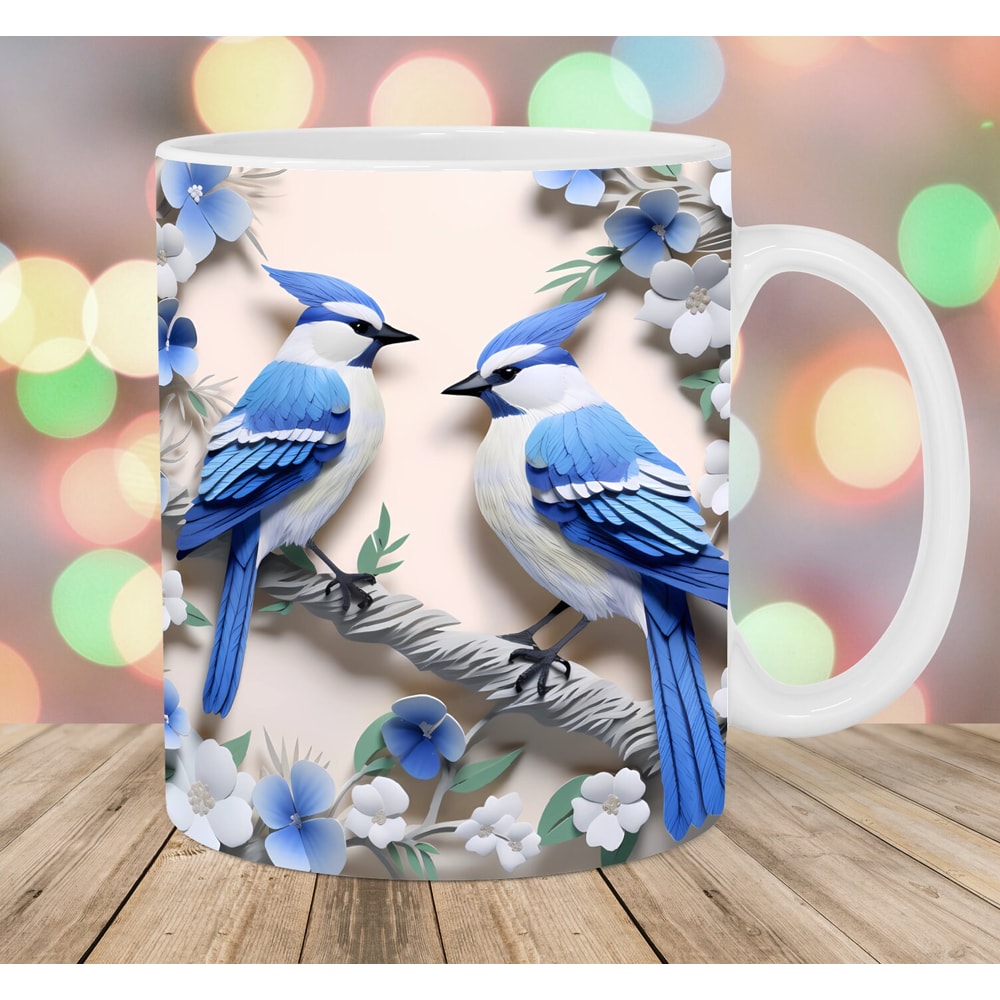 3D Two Blue Jay Birds Mug Wrap, 11oz & 15oz Mug Template, Mug Sublimation Design, Flowers Mug Wrap Template, Instant Digital Download PNG.jpg