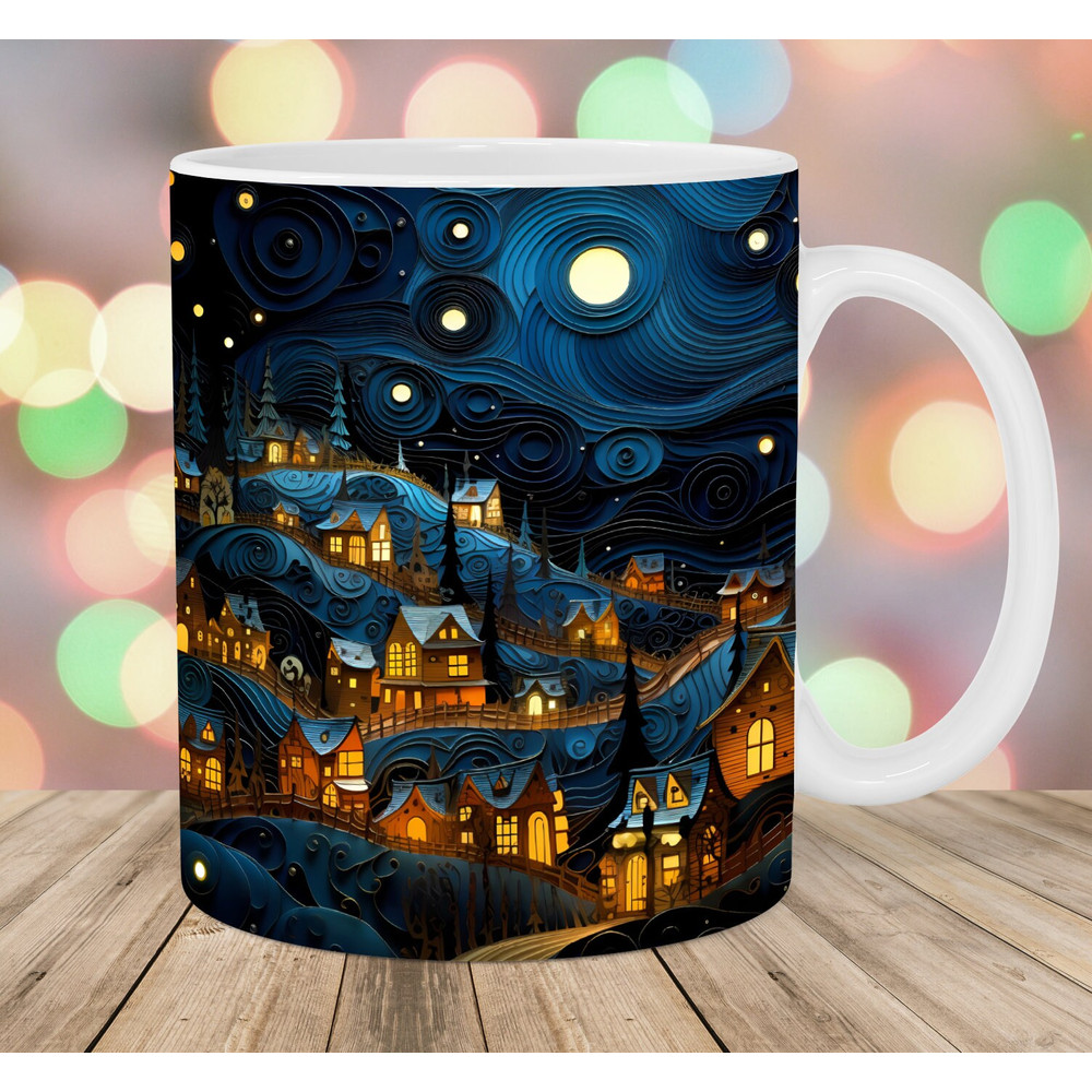 3D Village Night Landscape Mug Wrap, 11oz And 15oz Mug Template, Mug Sublimation Design, Mug Wrap Template, Instant Digital Download PNG.jpg