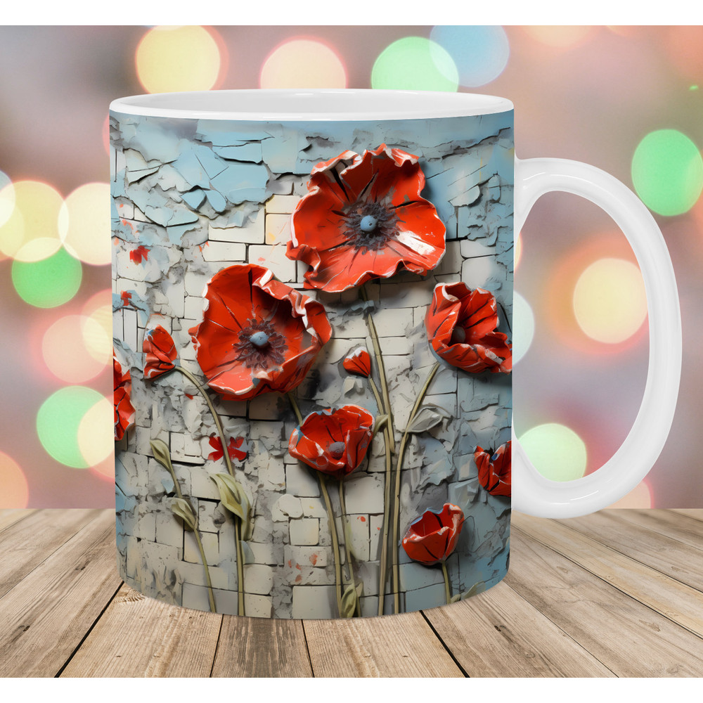3D Vintage Poppies Mug Wrap, 11oz And 15oz Mug Template, Mug Sublimation Design, Flower Mug Wrap Template, Instant Digital Download PNG.jpg