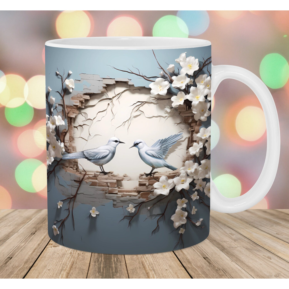 3D White Birds Hole In A Wall Mug Wrap, 11oz And 15oz Mug Template, Mug Sublimation Design, Mug Wrap Template, Instant Digital Download PNG.jpg