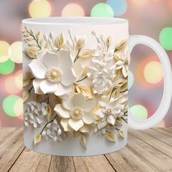 3d white floral mug, 11oz and 15oz mug, 3d mug design