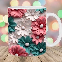 3d white green pink daisies flowers mug, 11oz and 15oz mug, mug design