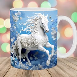 3d white horse flowers mug, 11oz and 15oz mug, mug design