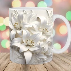 3d white lilies flowers mug, 11oz and 15oz mug, mug design
