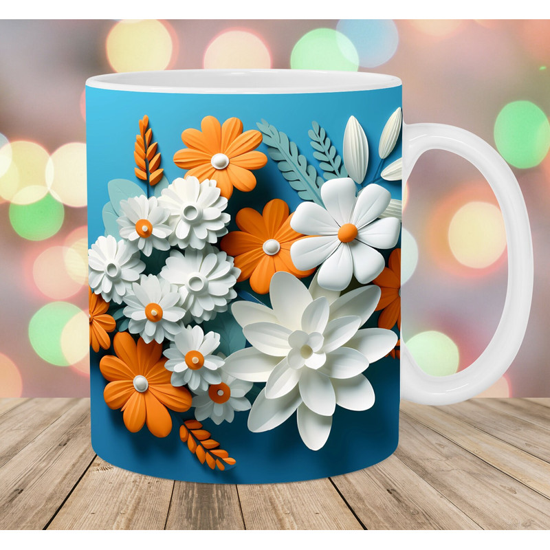 3D White Orange Flowers Mug Wrap, 11oz & 15oz Mug Template, Mug Sublimation Design, Mug Wrap Template, Instant Digital Download PNG.jpg
