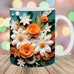 3d white orange flowers mug, 11oz and 15oz mug, mug design