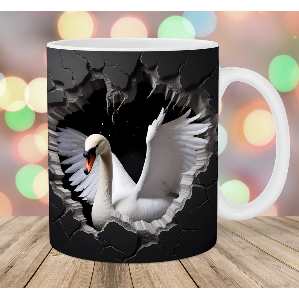 3D White Swan Hole In A Wall Mug Wrap, 11oz And 15oz Mug Template, Mug Sublimation Design, Mug Wrap Template, Instant Digital Download PNG.jpg