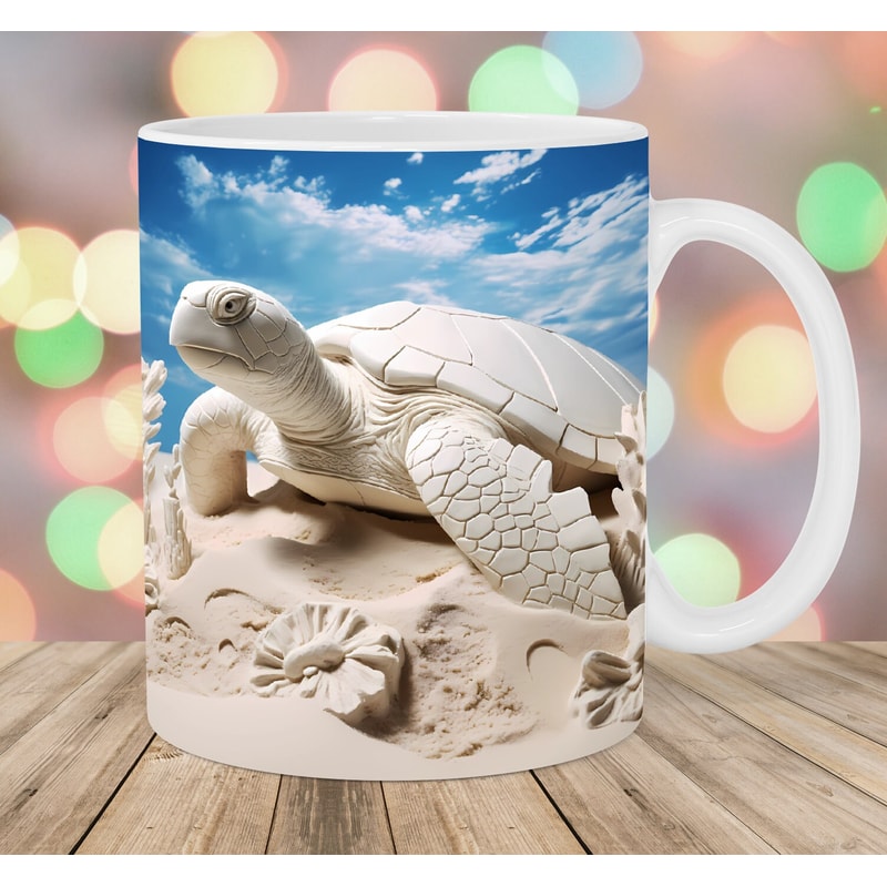 3D White Turtle Mug Wrap, 11oz And 15oz Mug Template, Ocean Turtle Mug Sublimation Design, Mug Wrap Template, Instant Digital Download PNG.jpg