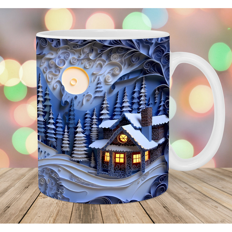 3D Winter Night Landscape Mug Wrap, 11oz & 15oz Mug Template, Snow Mug Sublimation Design, Mug Wrap Template, Instant Digital Download PNG.jpg