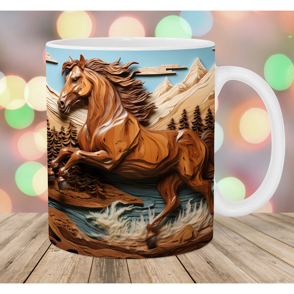 3D Wooden Horse Mug Wrap, 11oz And 15oz Mug Template, Mug Sublimation Design, Mug Wrap Template, Instant Digital Download PNG.jpg