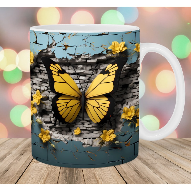 3D Yellow Butterfly Mug Wrap, 11oz & 15oz Mug Template, Mug Sublimation Design, Crack In A Wall Mug Template, Instant Digital Download PNG.jpg
