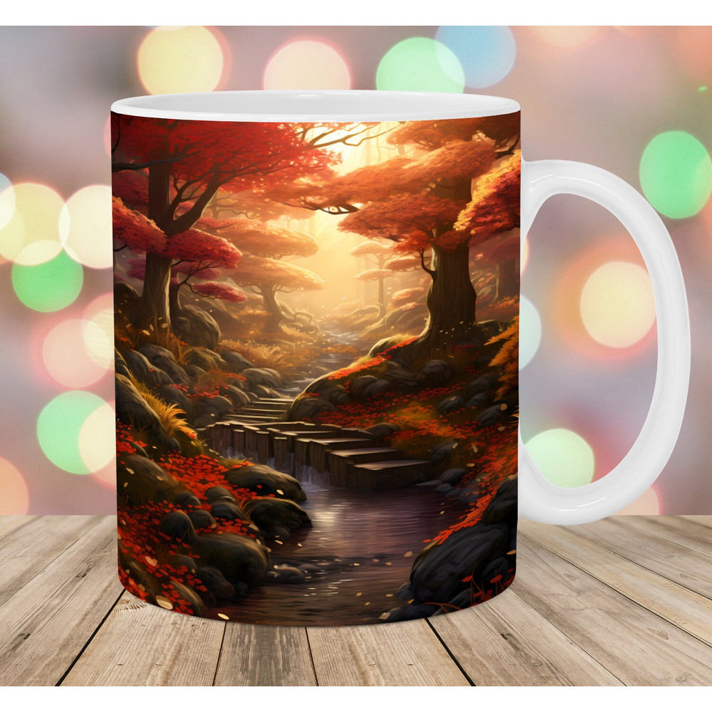 Autumn Forest Landscape Mug Wrap, 11oz And 15oz Mug Template, Mug Sublimation Design, Mug Wrap Template, Instant Digital Download PNG.jpg