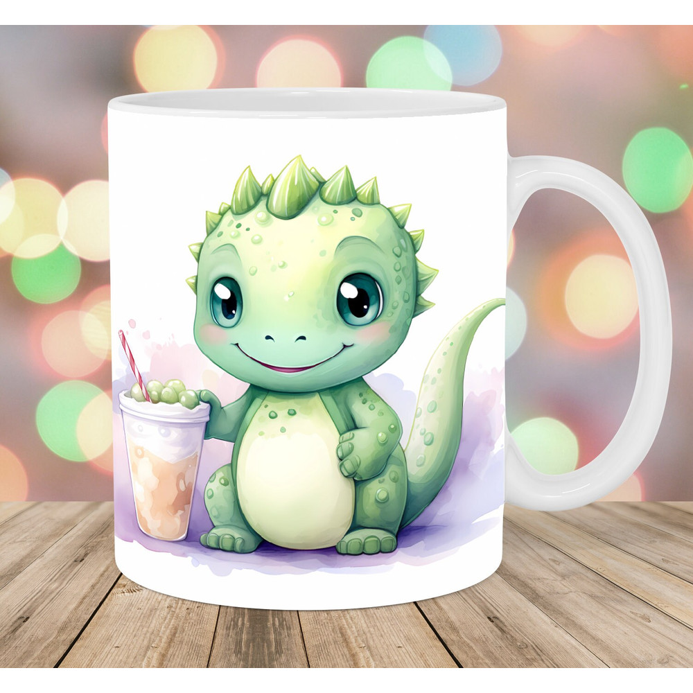 Baby Dinosaur With Bubble Tea 11oz & 15oz Mug Template, Mug Sublimation Design, Watercolor Mug Wrap Template, Instant Digital Download PNG.jpg