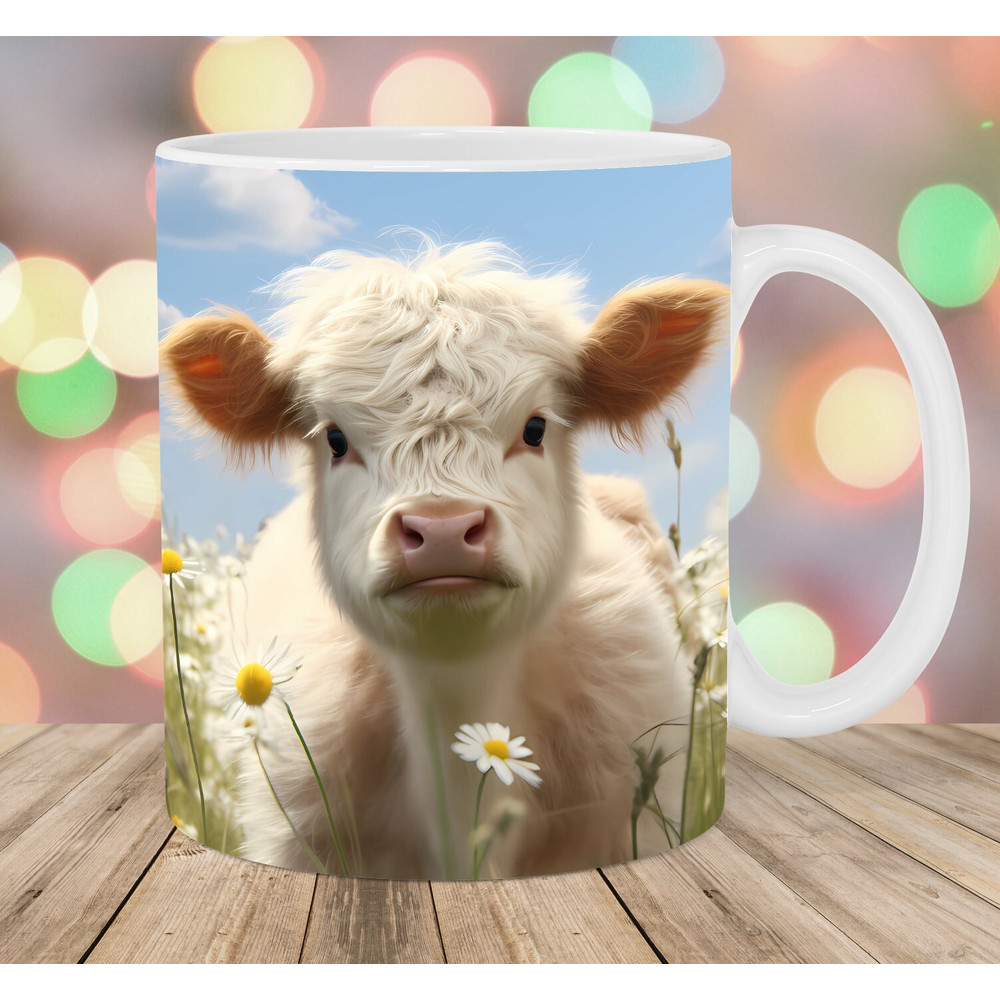 Baby Highland Cow Daisies Mug Wrap, 11oz & 15oz Mug Template, Mug Sublimation Design, Flower Mug Wrap Template, Instant Digital Download PNG.jpg