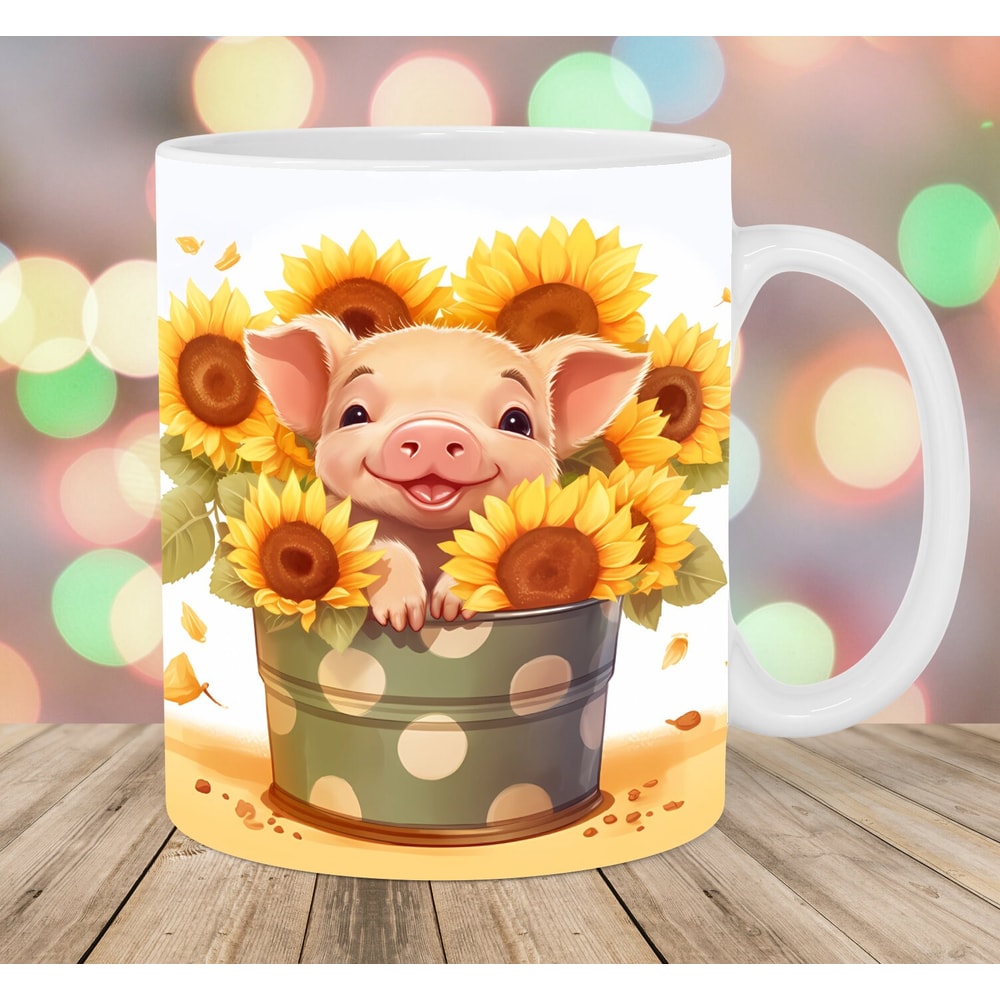 Baby Pig In Sunflowers Bucket Mug Wrap, 11oz And 15oz Mug Template, Mug Sublimation Design, Mug Wrap Template, Instant Digital Download PNG.jpg
