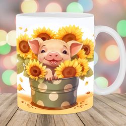 baby pig in sunflowers bucket mug, 11oz and 15oz mug, mug design