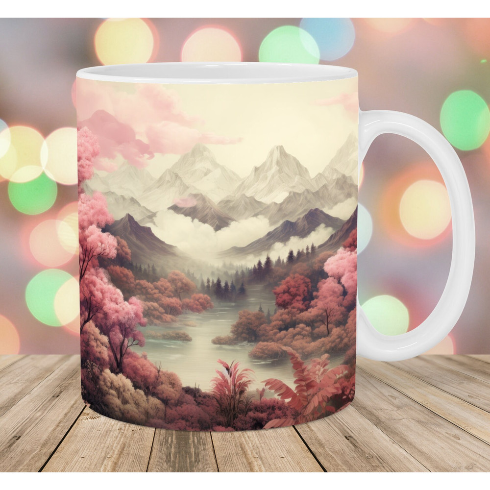 Cherry Blossom Mountains Mug Wrap, 11oz And 15oz Mug Template, Mug Sublimation Design, Mug Wrap Template, Instant Digital Download PNG.jpg