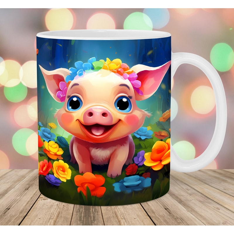 Colorful Neon Baby Pig Mug Wrap, 11oz And 15oz Mug Template, Mug Sublimation Design, Flower Mug Wrap Template, Instant Digital Download PNG.jpg