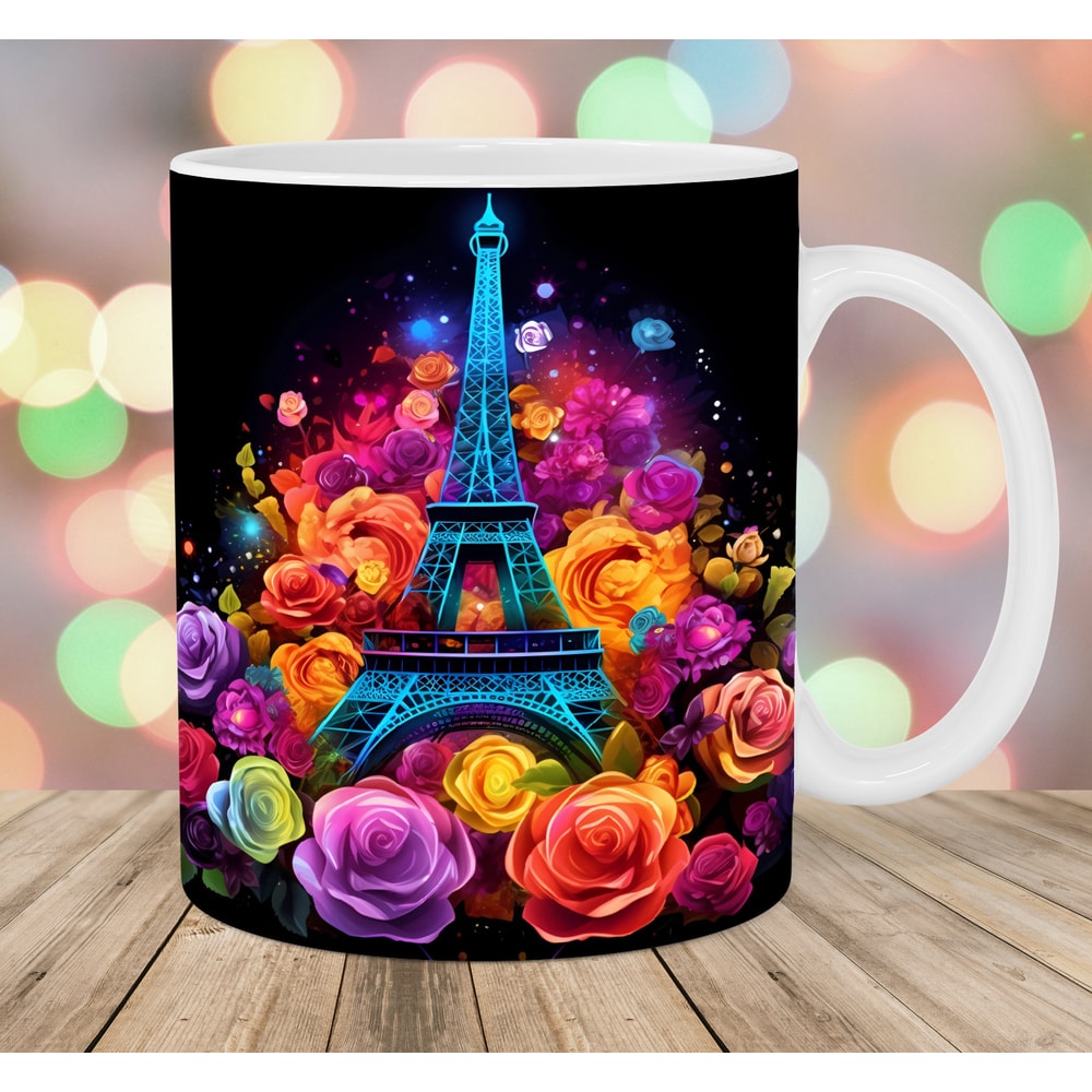 Colorful Neon Eiffel Tower Mug Wrap, 11oz & 15oz Mug Template, Mug Sublimation Design, Roses Mug Wrap Template, Instant Digital Download PNG.jpg