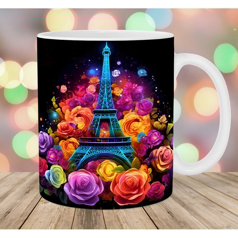 Colorful Neon Eiffel Tower Mug Wrap, 11oz & 15oz Mug Template, Mug Sublimation Design, Roses Mug Wrap Template, Instant Digital Download PNG.jpg