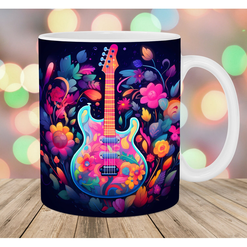 Colorful Neon Guitar Mug Wrap, 11oz & 15oz Mug Template, Mug Sublimation Design, Flower Mug Wrap Template, Instant Digital Download PNG.jpg