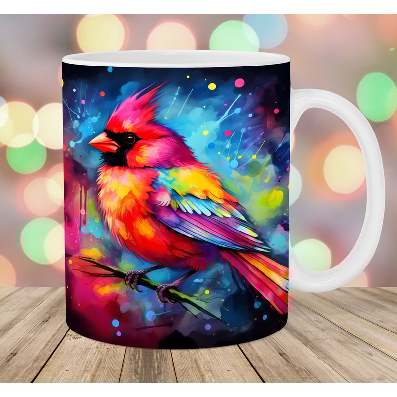 Colorful Neon Red Cardinal Bird Mug Wrap, 11oz & 15oz Mug Template, Mug Sublimation Design, Mug Wrap Template, Instant Digital Download PNG.jpg