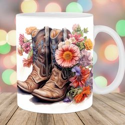 cowboy boots mug, 11oz 15oz mug, flower mug design