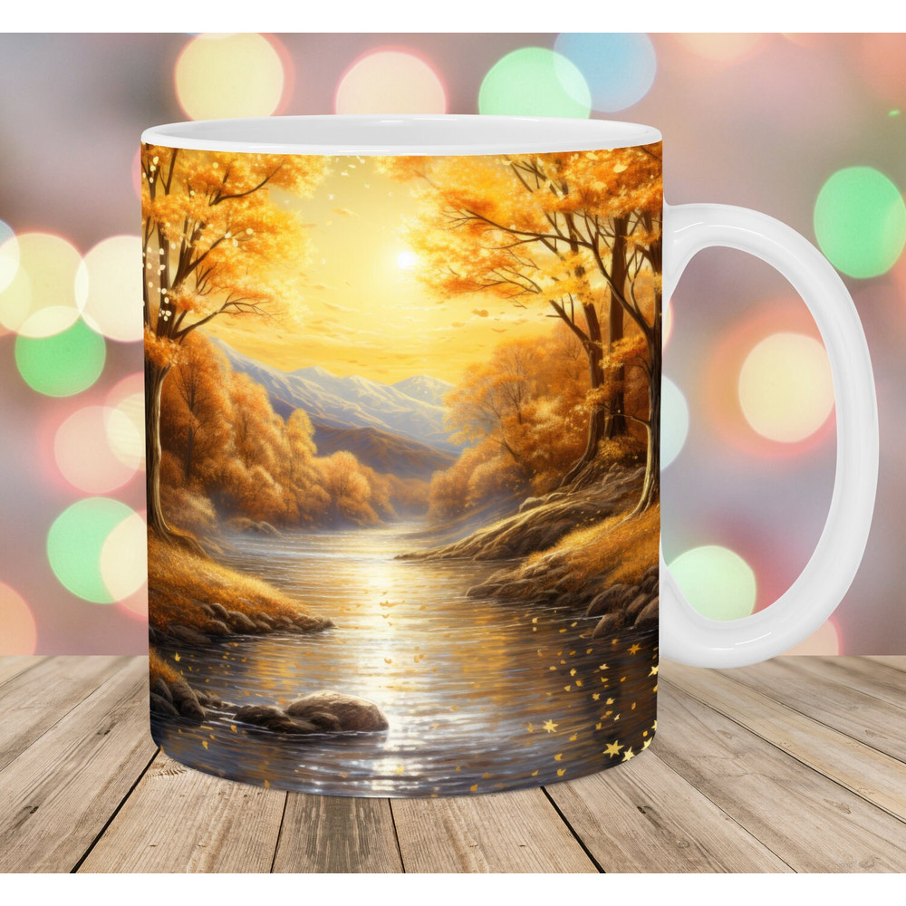 Glitter Autumn Landscape Mug Wrap, 11oz And 15oz Mug Template, Mug Sublimation Design, River Mug Wrap Template, Instant Digital Download PNG.jpg