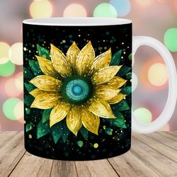 glitter green yellow sunflowers mug, 11oz 15oz mug, mug design