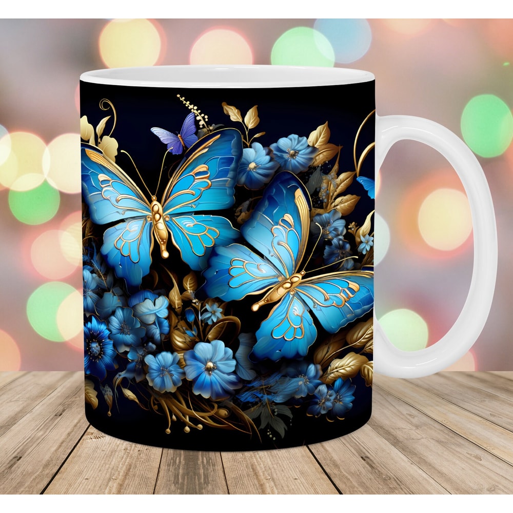Gold Blue Butterflies Mug Wrap, 11oz & 15oz Mug Template, Mug Sublimation Design, Flower Mug Wrap Template, Instant Digital Download PNG.jpg