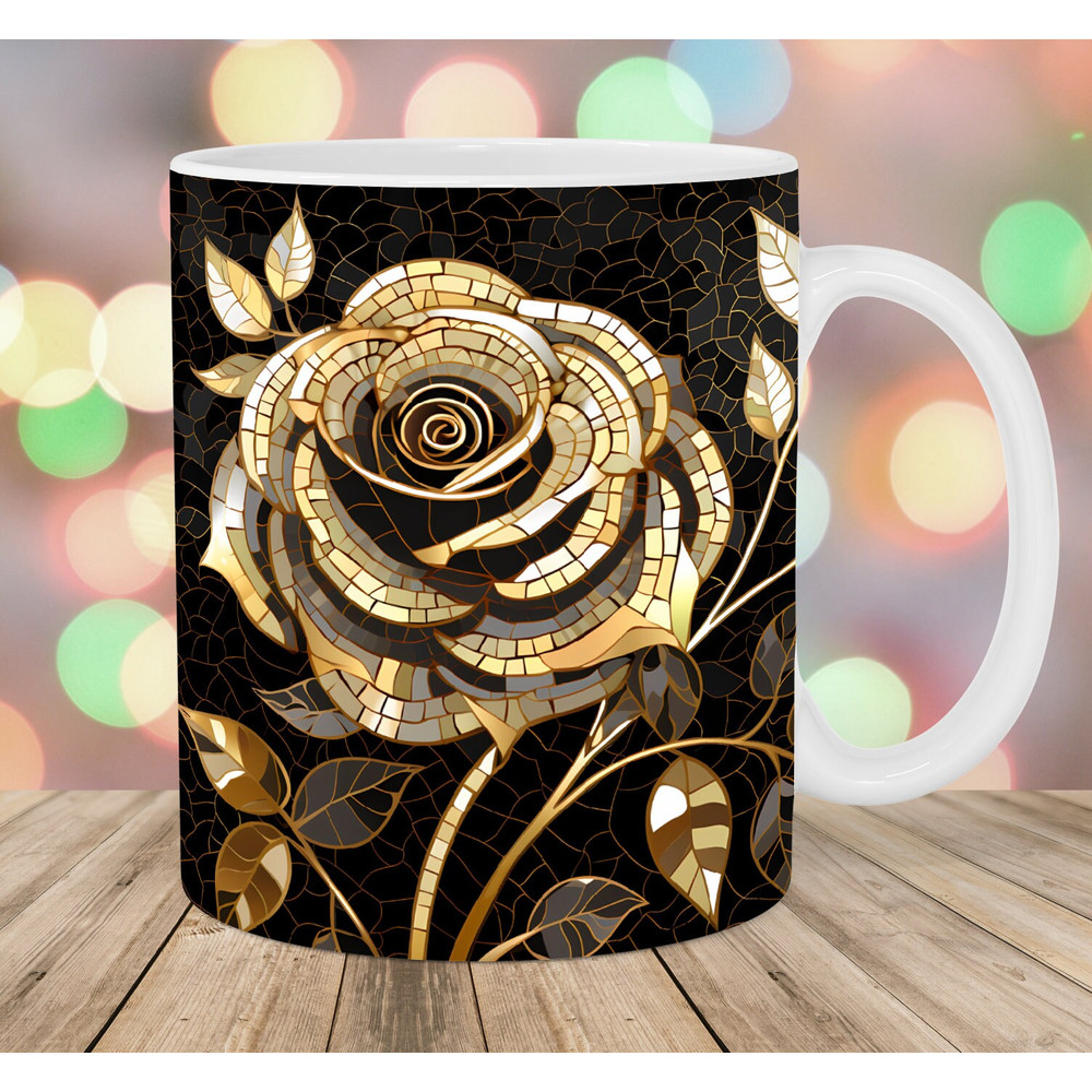 Gold Rose Mosaic Mug Wrap, 11oz And 15oz Mug Template, Mug Sublimation Design, Mug Template, Instant Digital Download PNG.jpg