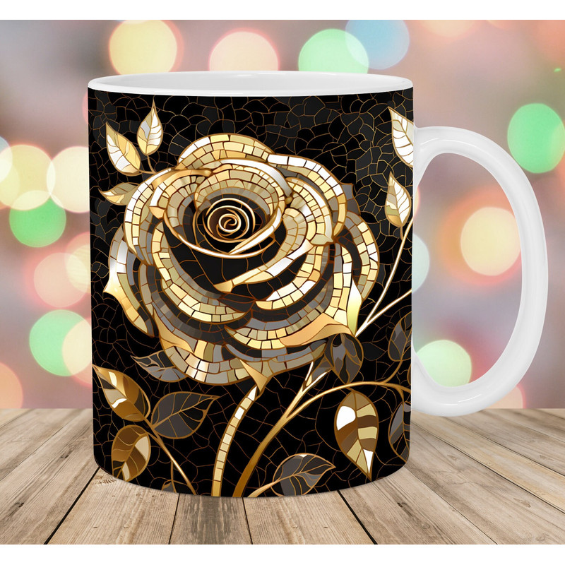 Gold Rose Mosaic Mug Wrap, 11oz And 15oz Mug Template, Mug Sublimation Design, Mug Template, Instant Digital Download PNG.jpg