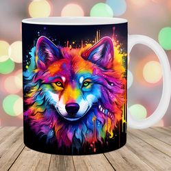 neon colorful rainbow wolf mug, 11oz 15oz mug, mug design