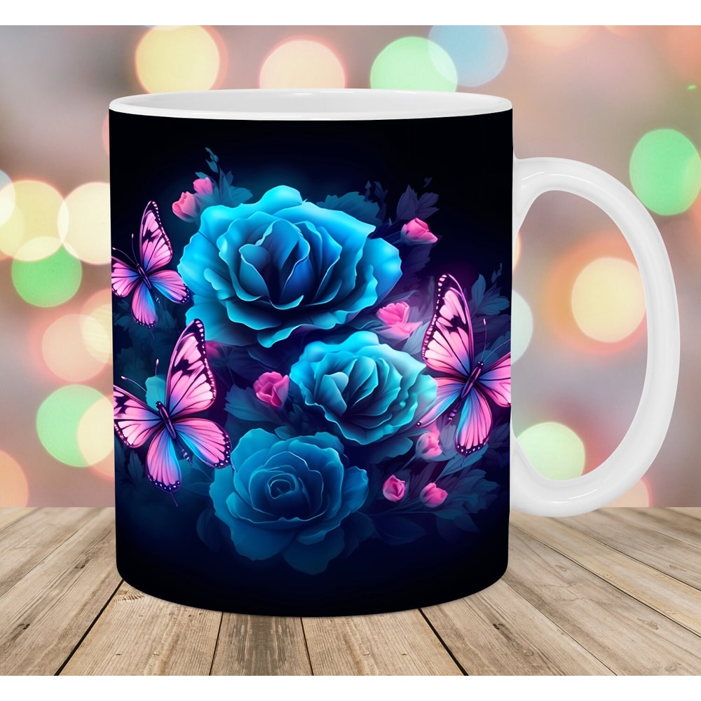 Neon Pink Butterflies Blue Roses Mug Wrap, 11oz & 15oz Mug Template, Mug Sublimation Design, Mug Wrap Template, Instant Digital Download PNG.jpg