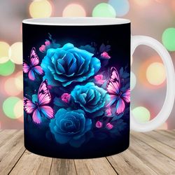 neon pink butterflies blue roses mug, 11oz 15oz mug, mug design