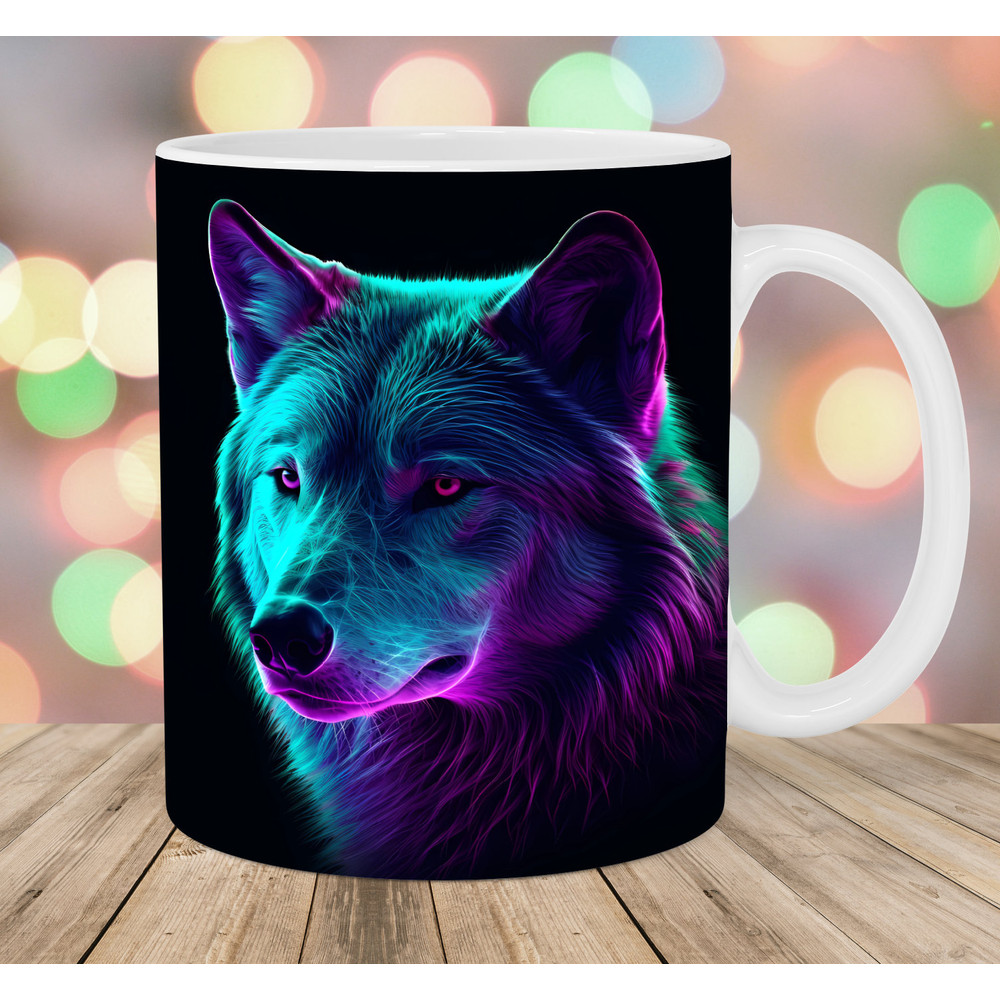 Neon Wolf Mug Wrap, 11oz And 15oz Mug Template, Mug Sublimation Design, Mug Wrap Template, Instant Digital Download PNG.jpg