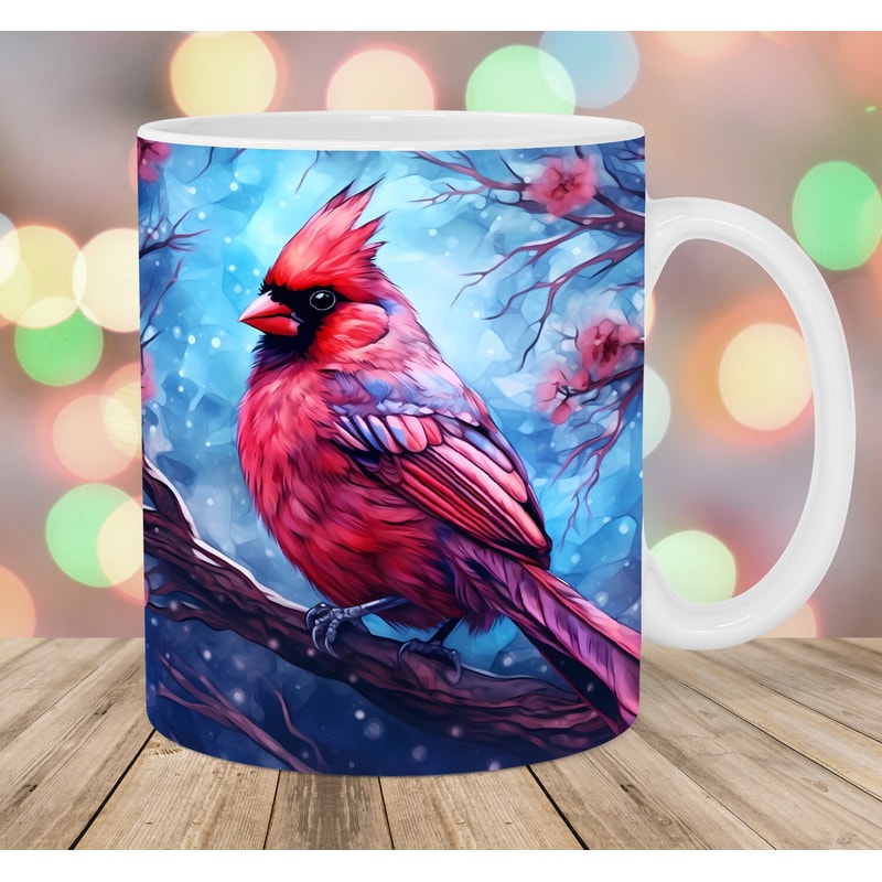 Red Cardinal Bird Mug Wrap, 11oz & 15oz Mug Template, Mug Sublimation Design, Winter Mug Wrap Template, Instant Digital Download PNG.jpg