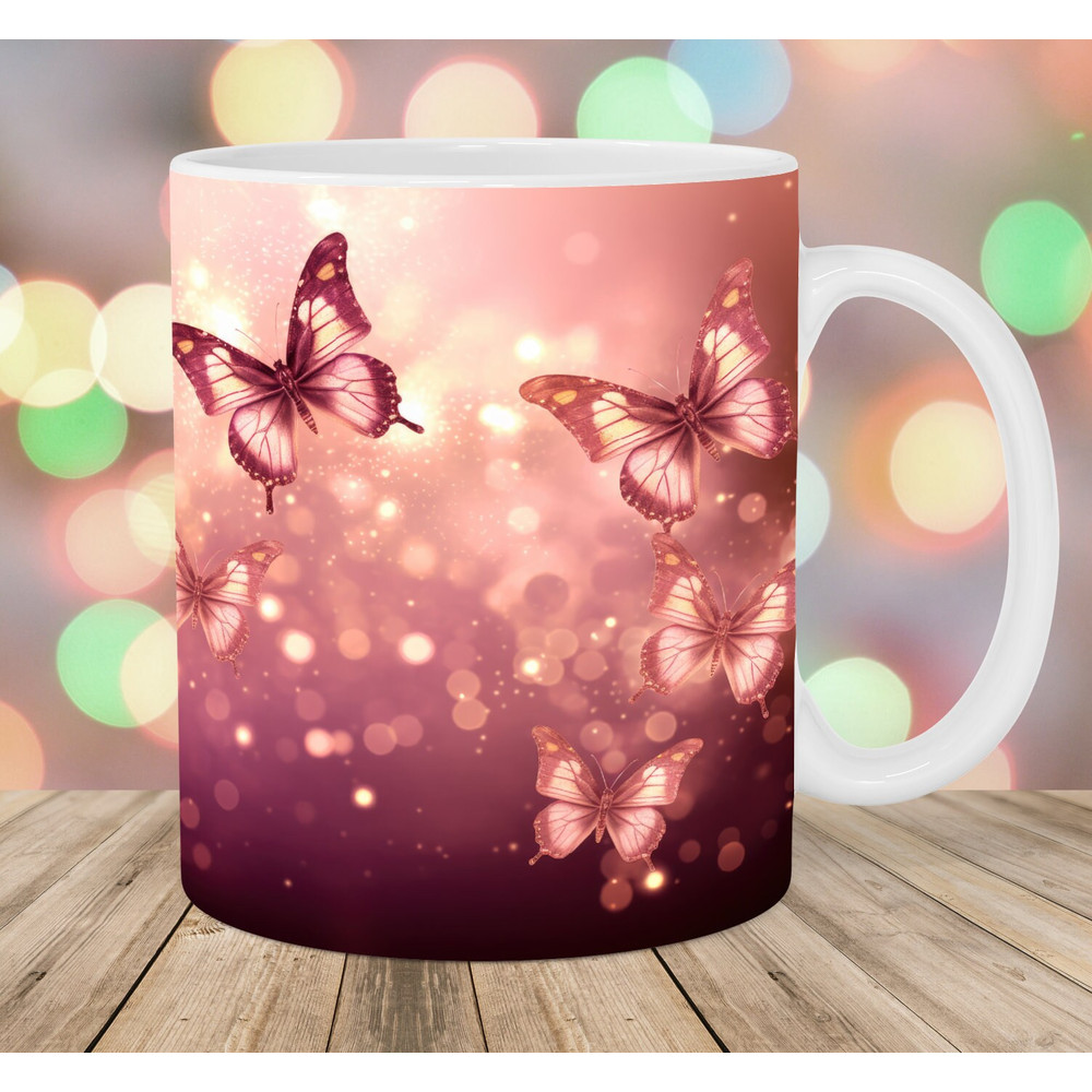 Rose Gold Glitter Butterflies Mug Wrap, 11oz & 15oz Mug Template, Mug Sublimation Design, Mug Wrap Template, Instant Digital Download PNG.jpg