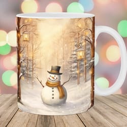 snowman mug, 11oz and 15oz mug, winter forest design