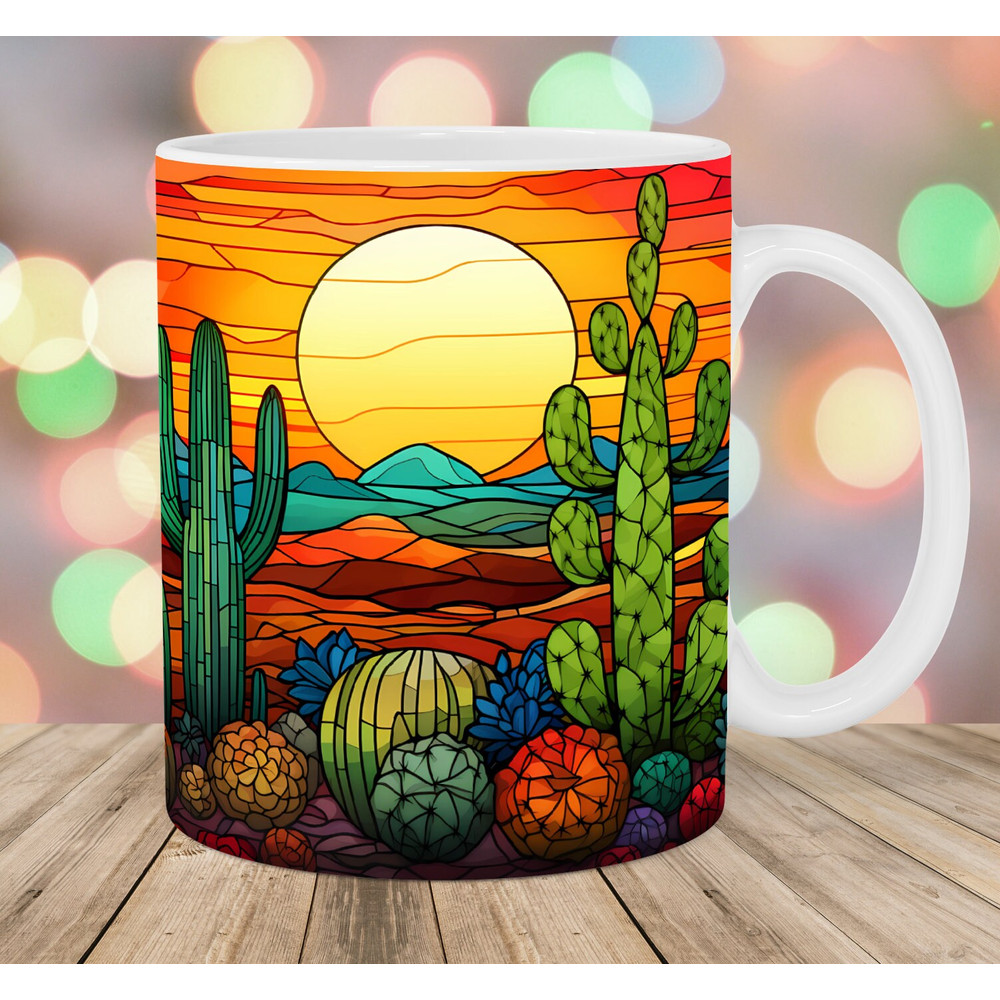Stained Glass Cactus Mug Wrap, 11oz & 15oz Mug Template, Mug Sublimation Design, Sunset Mug Wrap Template, Instant Digital Download PNG.jpg