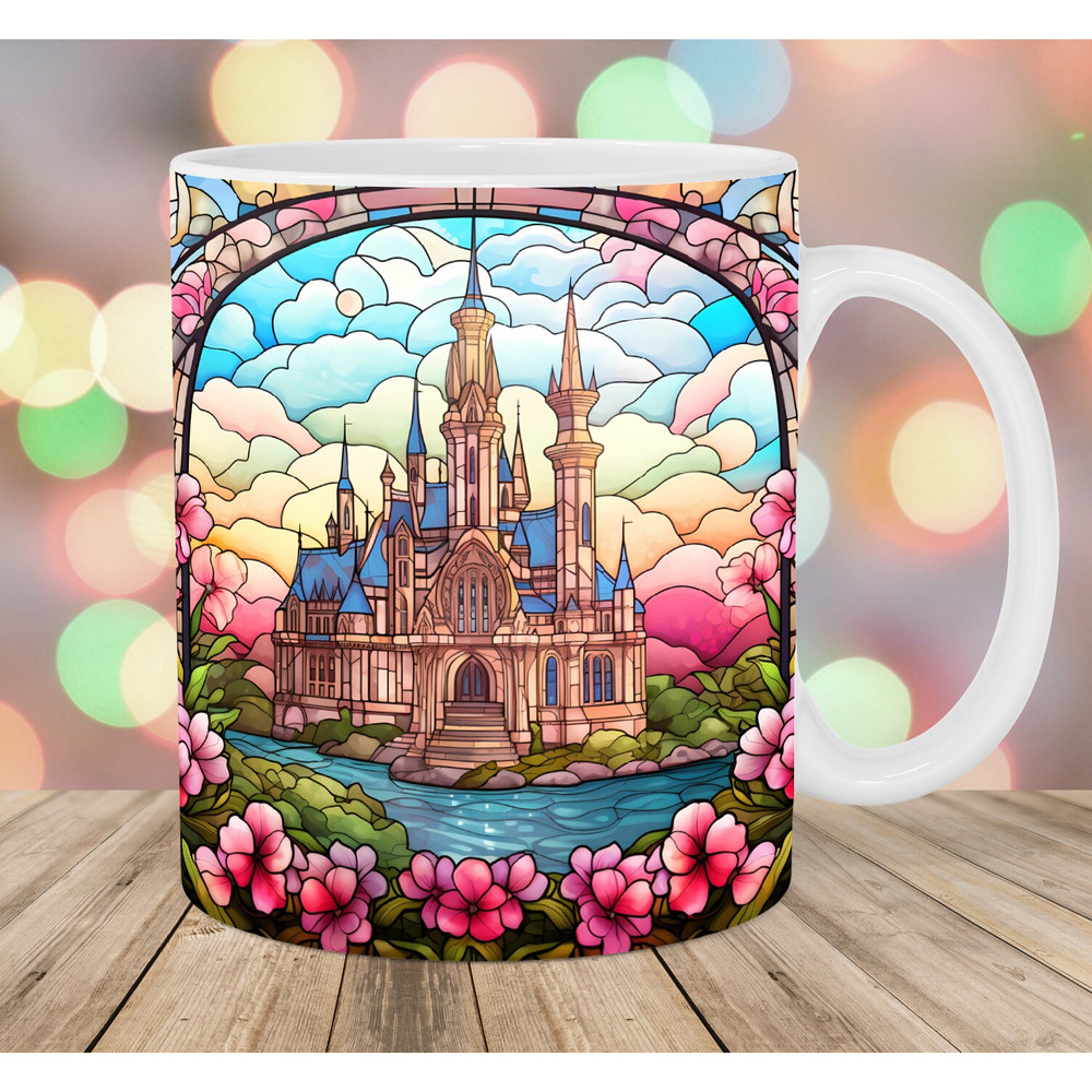 Stained Glass Castle Mug Wrap, 11oz And 15oz Mug Template, Mug Sublimation Design, Flowers Mug Wrap Template, Instant Digital Download PNG.jpg