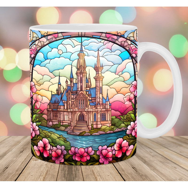 Stained Glass Castle Mug Wrap, 11oz And 15oz Mug Template, Mug Sublimation Design, Flowers Mug Wrap Template, Instant Digital Download PNG.jpg