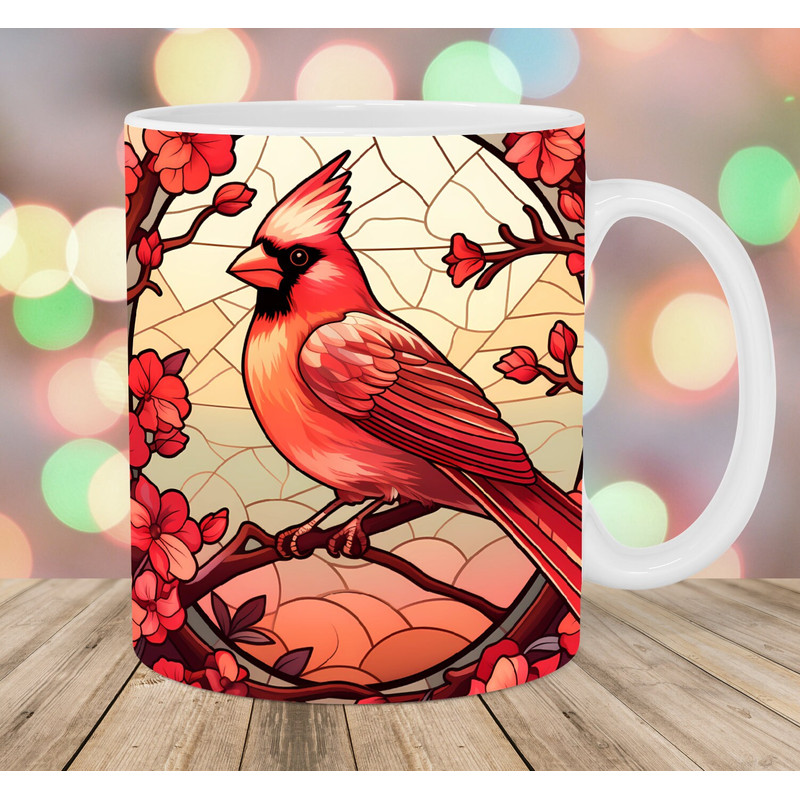 Stained Glass Red Cardinal Mug Wrap, 11oz & 15oz Mug Template, Mug Sublimation Design, Bird Mug Wrap Template, Instant Digital Download PNG.jpg