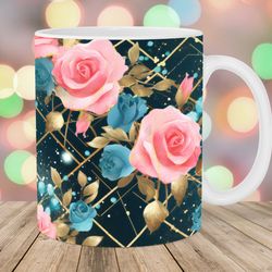 teal pink roses mug, 11oz 15oz mug, mug design