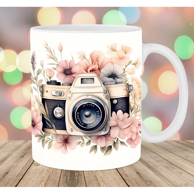 Vintage Photo Camera Mug Wrap, 11oz And 15oz Mug Template, Mug Sublimation Design, Flowers Mug Wrap Template, Instant Digital Download PNG.jpg